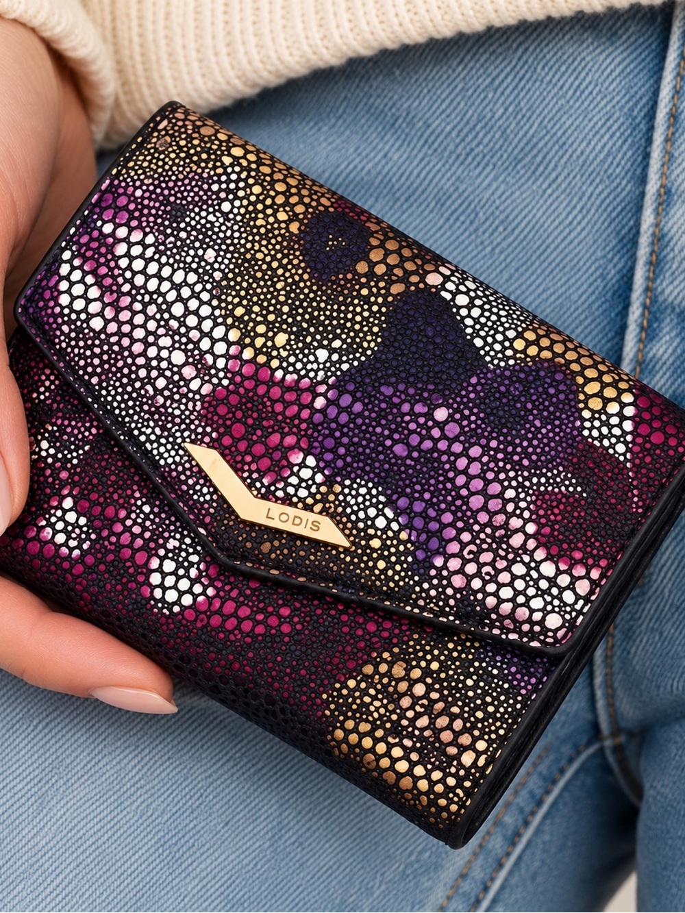 Lodis Purple Multi Stingray Print Leather Wallet Zip Pocket 4.75 x 4